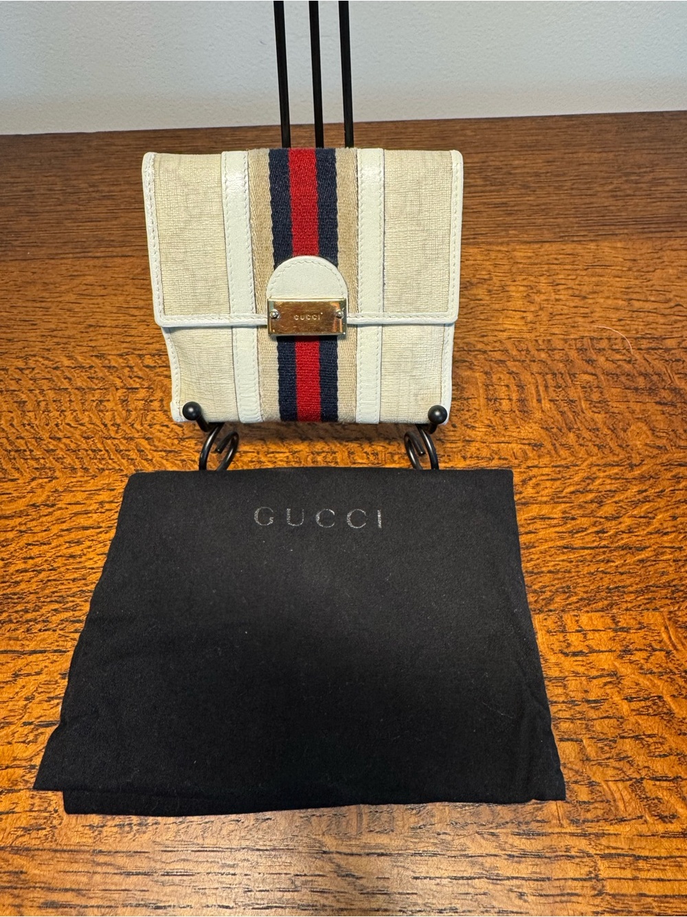 Gucci Vintage Sherry Line French Wallet - Ivory GG Canvas & Stripe w/COA & Dusty